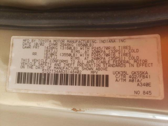 Photo 10 from auction – 2003 TOYOTA SEQUOIA SR with VIN 5TDZT34A63S148402
