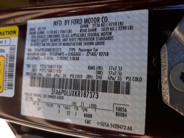 Photo 10 from auction – 2019 FORD FUSION SE with VIN 3FA6P0LUXKR187373