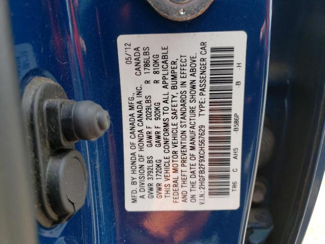 Photo 10 from auction – 2012 HONDA CIVIC EXL with VIN 2HGFB2F9XCH567629