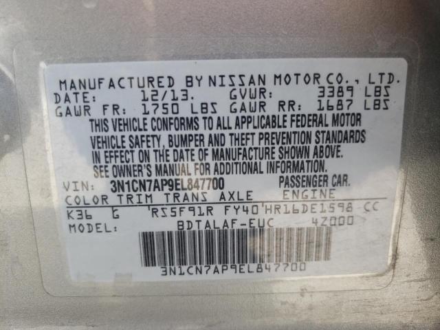 Photo 10 from auction – 2014 NISSAN VERSA S with VIN 3N1CN7AP9EL847700