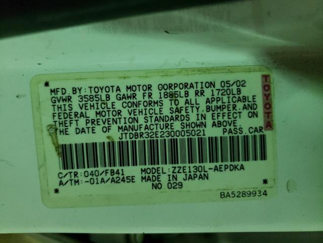 Photo 10 from auction – 2003 TOYOTA COROLLA CE with VIN JTDBR32E230005021