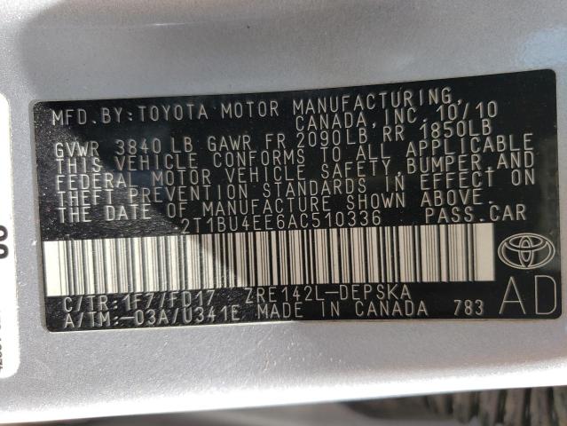 Photo 10 from auction – 2010 TOYOTA COROLLA BA with VIN 2T1BU4EE6AC510336