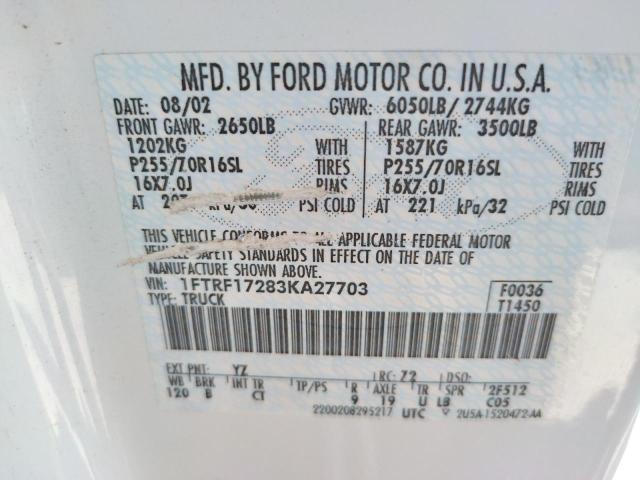 Photo 10 from auction – 2003 FORD F150 with VIN 1FTRF17283KA27703