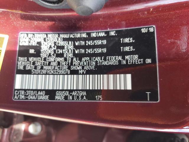 Photo 10 from auction – 2019 TOYOTA HIGHLANDER with VIN 5TDYZRFH2KS299078