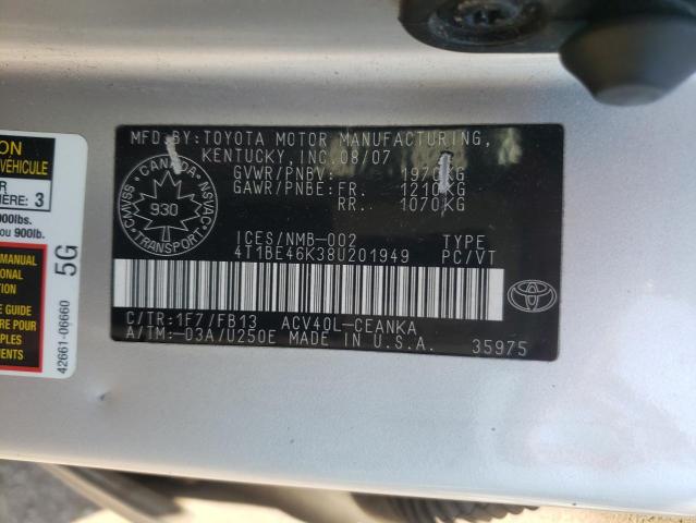 Photo 10 from auction – 2008 TOYOTA CAMRY CE with VIN 4T1BE46K38U201949