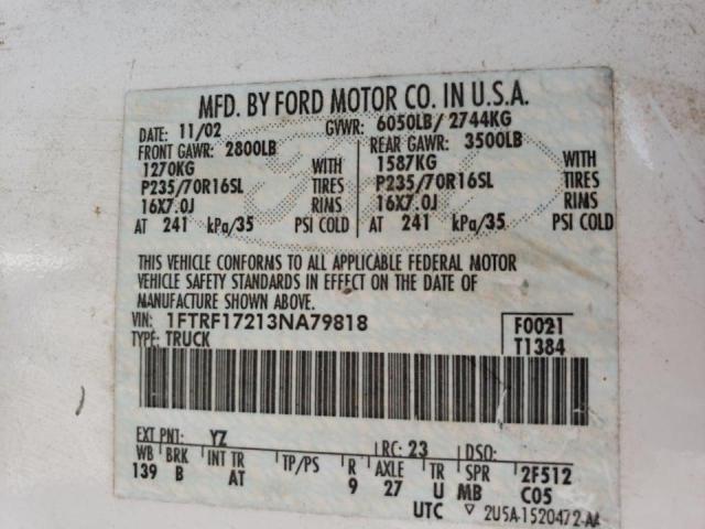 Photo 10 from auction – 2003 FORD F150 with VIN 1FTRF17213NA79818