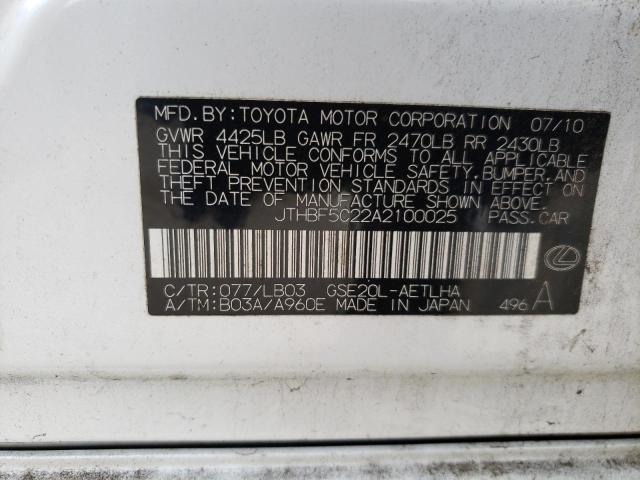 Photo 10 from auction – 2010 LEXUS IS 250 with VIN JTHBF5C22A2100025