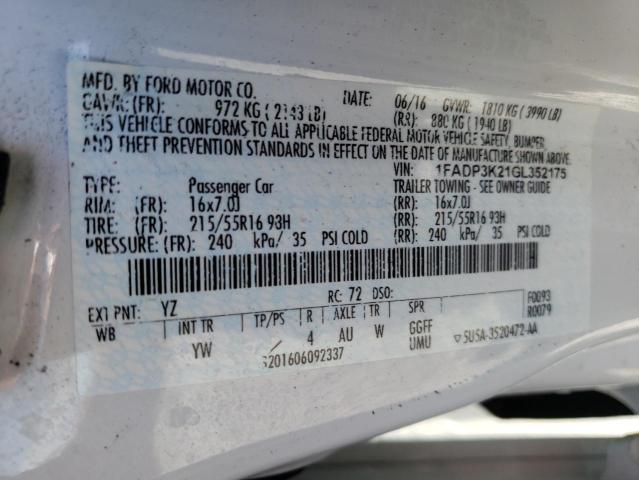 Photo 10 from auction – 2016 FORD FOCUS SE with VIN 1FADP3K21GL352175