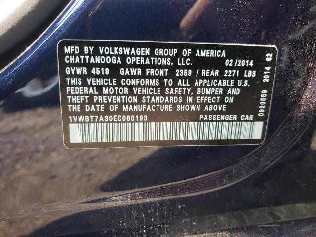 Photo 10 from auction – 2014 VOLKSWAGEN PASSAT SE with VIN 1VWBT7A30EC080193