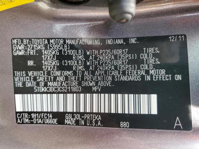 Photo 10 from auction – 2012 TOYOTA SIENNA LE with VIN 5TDKK3DC3CS211803