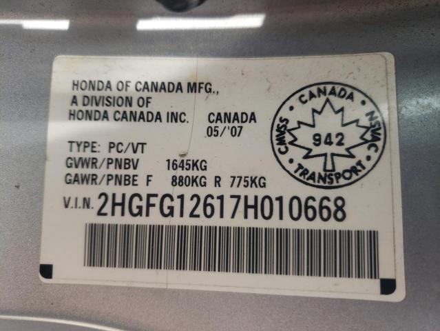 Photo 10 from auction – 2007 HONDA CIVIC LX with VIN 2HGFG12617H010668