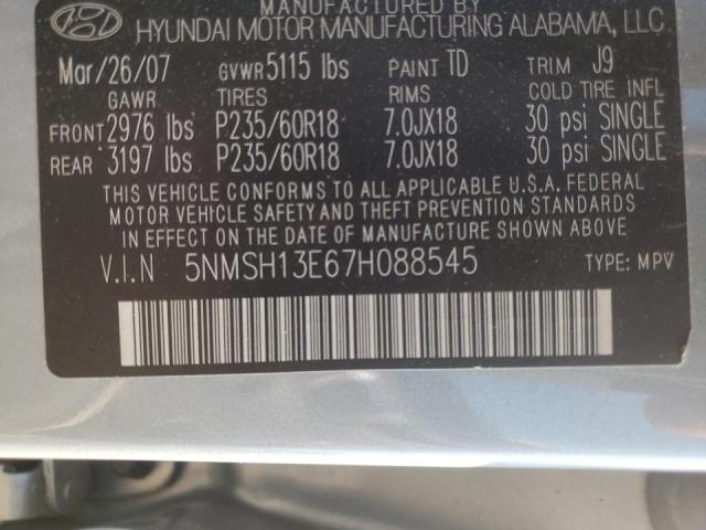 Photo 10 from auction – 2007 HYUNDAI SANTA FE S with VIN 5NMSH13E67H088545