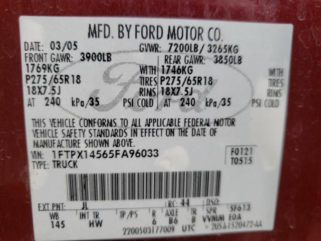 Photo 10 from auction – 2005 FORD F150 with VIN 1FTPX14565FA96033