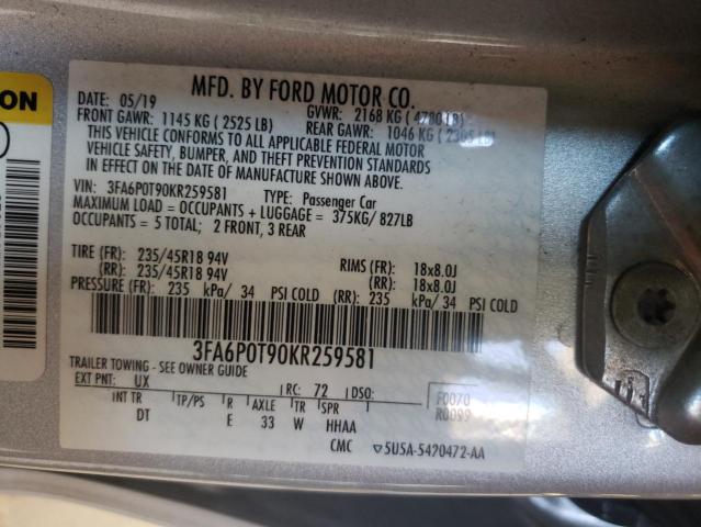 Photo 10 from auction – 2019 FORD FUSION SE with VIN 3FA6P0T90KR259581