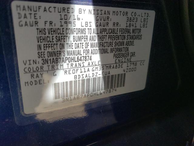 Photo 10 from auction – 2017 NISSAN SENTRA S with VIN 3N1AB7AP0HL647874