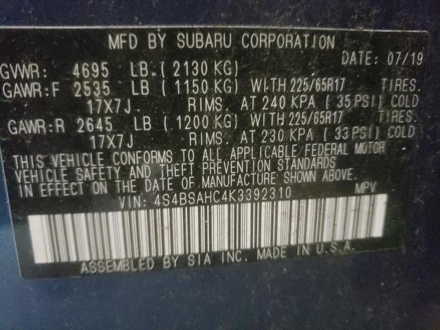 Photo 10 from auction – 2019 SUBARU OUTBACK 2. with VIN 4S4BSAHC4K3392310