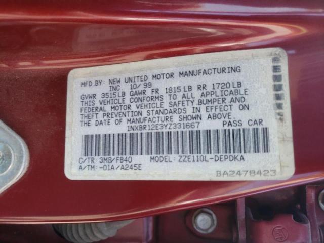 Photo 10 from auction – 2000 TOYOTA COROLLA VE with VIN 1NXBR12E3YZ331667
