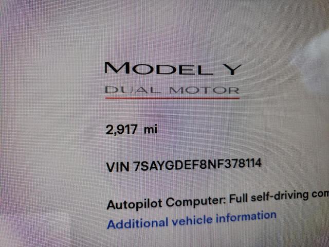 Photo 8 from auction – 2022 TESLA MODEL Y with VIN 7SAYGDEF8NF378114