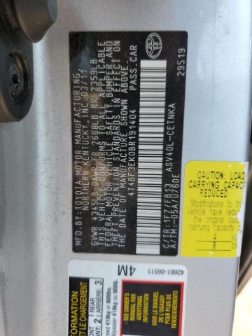 Photo 10 from auction – 2011 TOYOTA CAMRY BASE with VIN 4T4BF3EK0BR191404