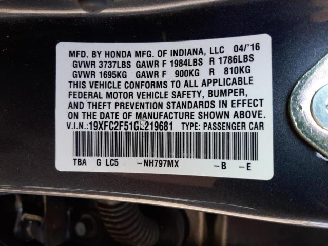 Photo 10 from auction – 2016 HONDA CIVIC LX with VIN 19XFC2F51GE219681