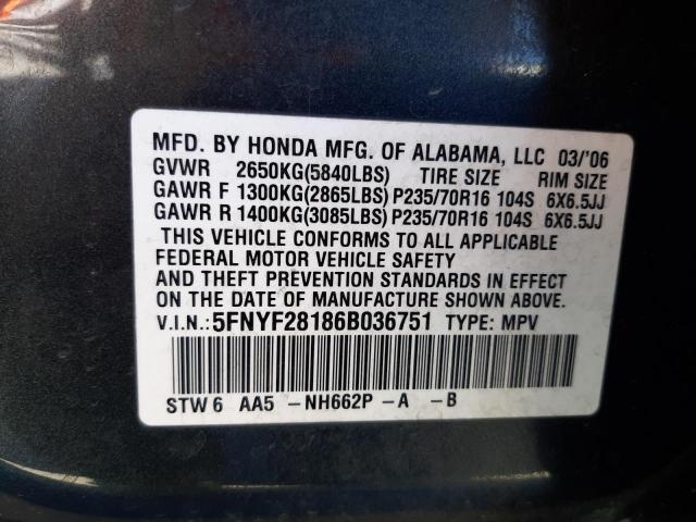 Photo 10 from auction – 2006 HONDA PILOT LX with VIN 5FNYF28186B036751