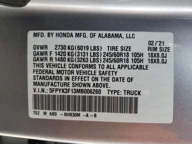 Photo 10 from auction – 2021 HONDA RIDGELINE with VIN 5FPYK3F13MB006260