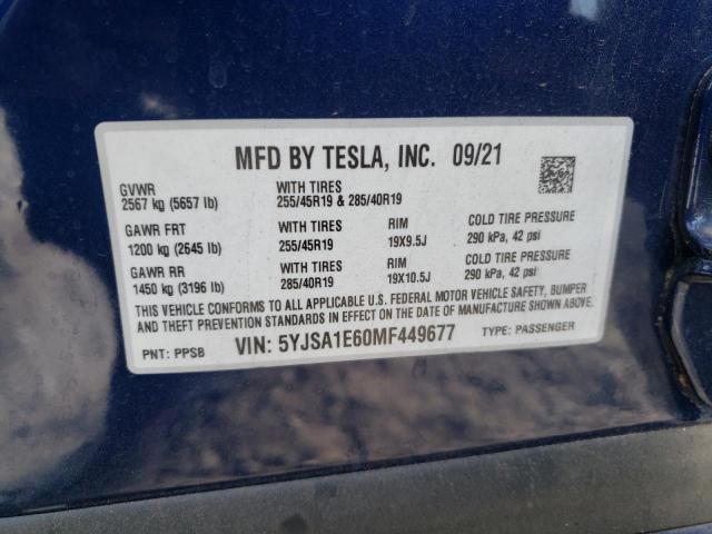Photo 10 from auction – 2021 TESLA MODEL S with VIN 5YJSA1E60MF449677