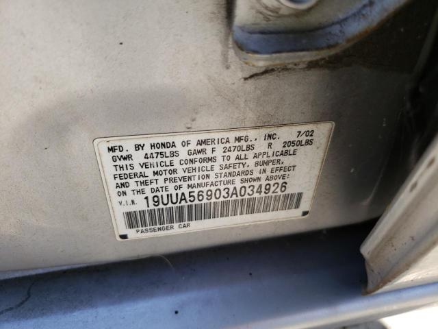 Photo 10 from auction – 2003 ACURA 3.2TL TYPE with VIN 19UUA56903A034926