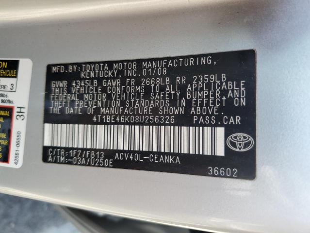 Photo 10 from auction – 2008 TOYOTA CAMRY CE with VIN 4T1BE46K08U256326