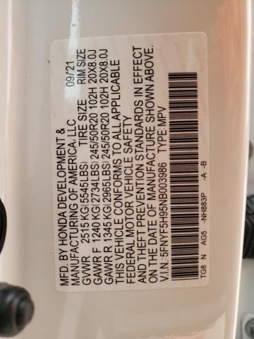 Photo 10 from auction – 2022 HONDA PILOT TOUR with VIN 5FNYF5H95NB003986