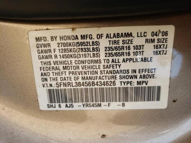 Photo 10 from auction – 2006 HONDA ODYSSEY with VIN 5FNRL38456B434626