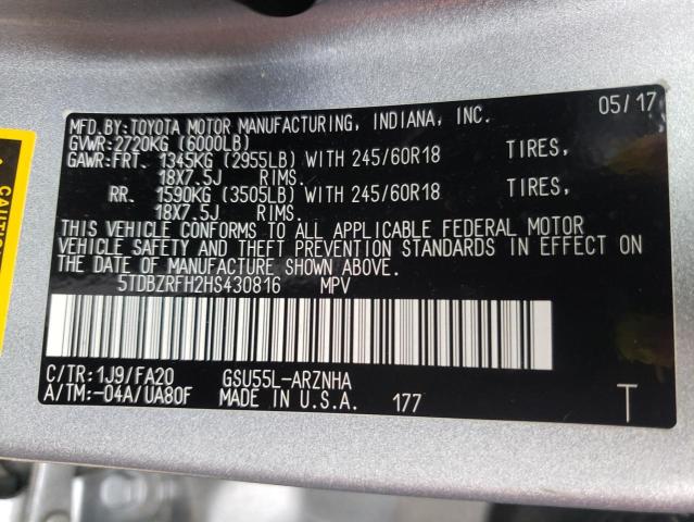 Photo 10 from auction – 2017 TOYOTA HIGHLANDER with VIN 5TDBZRFH2HS430816