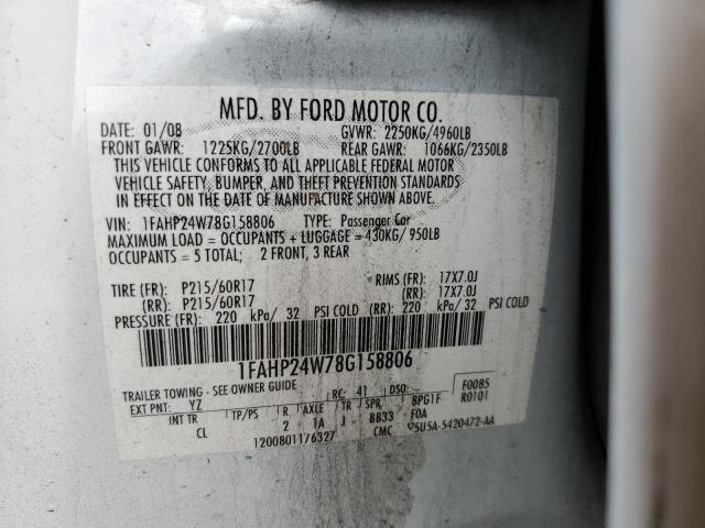 Photo 10 from auction – 2008 FORD TAURUS SEL with VIN 1FAHP24W78G158806
