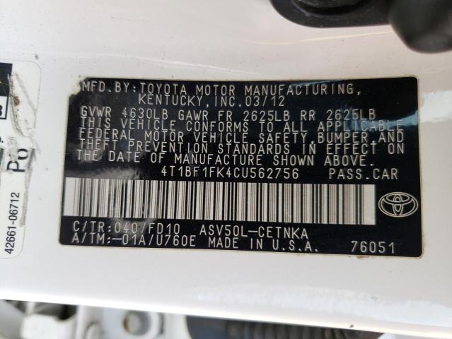 Photo 10 from auction – 2012 TOYOTA CAMRY BASE with VIN 4T1BF1FK4CU562756
