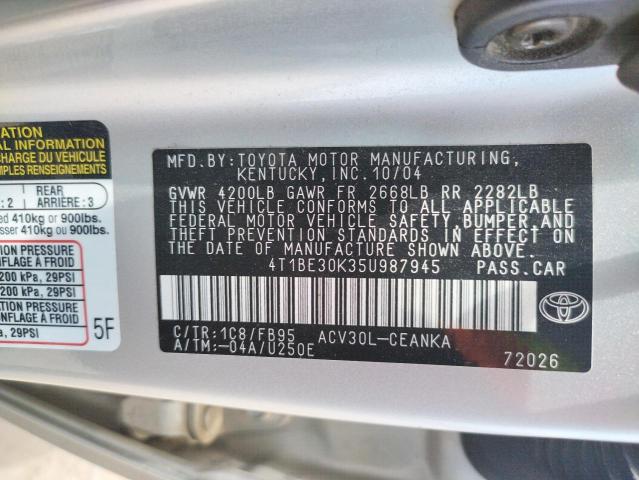 Photo 10 from auction – 2005 TOYOTA CAMRY LE with VIN 4T1BE30K35U987945