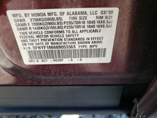 Photo 10 from auction – 2008 HONDA PILOT EXL with VIN 5FNYF18668B053363