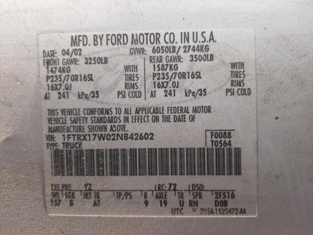 Photo 10 from auction – 2002 FORD F150 with VIN 1FTRX17W02NB42602