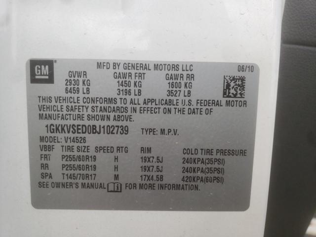 Photo 10 from auction – 2011 GMC ACADIA SLT with VIN 1GKKVSED0BJ102739