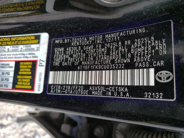 Photo 10 from auction – 2012 TOYOTA CAMRY BASE with VIN 4T1BF1FK9CU035232