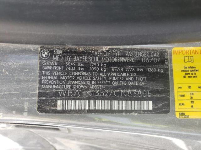 Photo 10 from auction – 2007 BMW 650 I with VIN WBAEK13527CN83805