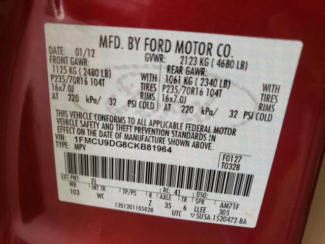Photo 10 from auction – 2012 FORD ESCAPE XLT with VIN 1FMCU9DG8CKB81964