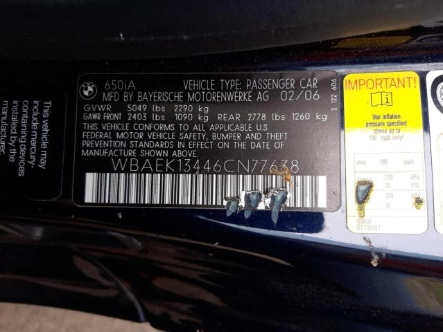 Photo 10 from auction – 2006 BMW 650 I with VIN WBAEK13446CN77638