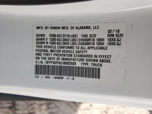 Photo 10 from auction – 2018 HONDA RIDGELINE with VIN 5FPYK2F62JB002928