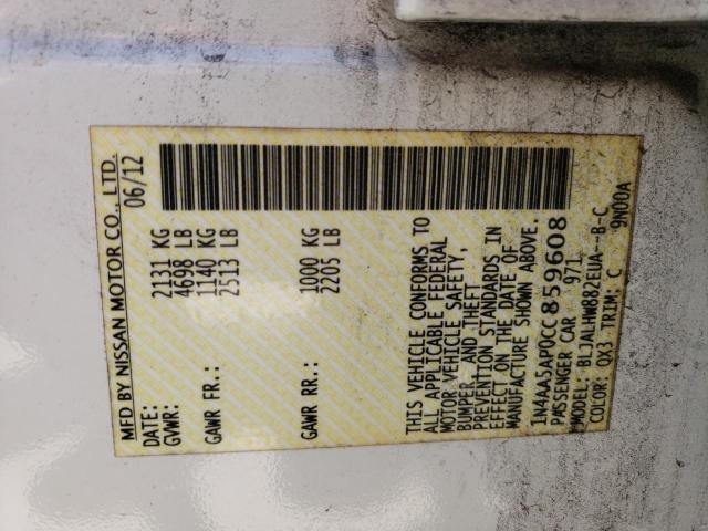 Photo 10 from auction – 2012 NISSAN MAXIMA S with VIN 1N4AA5AP0CC859608