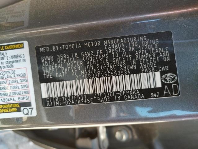 Photo 10 from auction – 2006 TOYOTA COROLLA CE with VIN 2T1BR32E26C560934