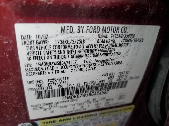Photo 10 from auction – 2008 FORD TAURUS X E with VIN 1FMDK07W58GA24587