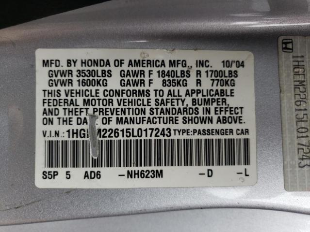 Photo 10 from auction – 2005 HONDA CIVIC LX with VIN 1HGEM22615L017243