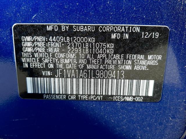 Photo 10 from auction – 2020 SUBARU WRX with VIN JF1VA1A61L9809413