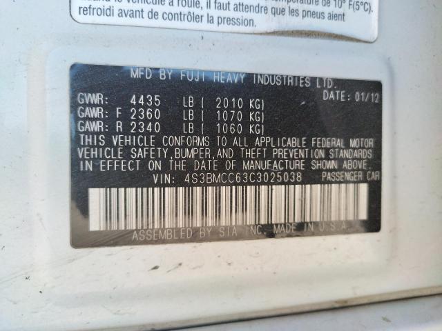 Photo 10 from auction – 2012 SUBARU LEGACY 2.5 with VIN 4S3BMCC63C3025038