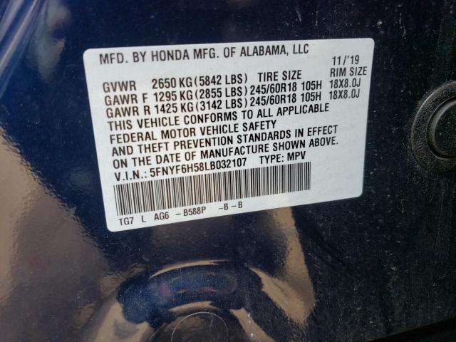Photo 10 from auction – 2020 HONDA PILOT EXL with VIN 5FNYF6H58LB032107